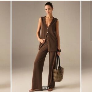 Commense Dark Brown Golden Button Knit Vest Pants Set XS